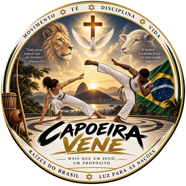 Emblema da Capoeira Vene: dois capoeiristas jogando diante do Pão de Açúcar ao pôr do sol, com a cruz, a pomba, o leão e o cordeiro